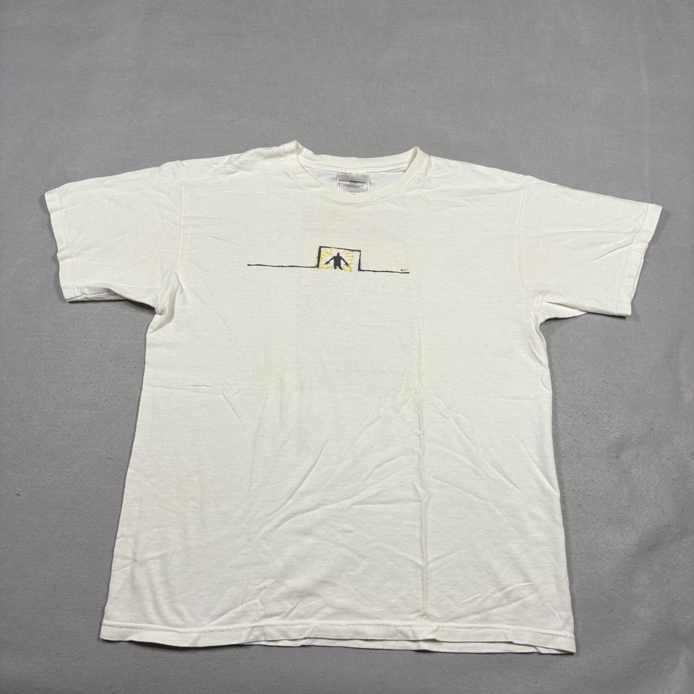 Vintage Nike Soccer Graphic T-Shirt White Large Made in USA 90s Goalie Print